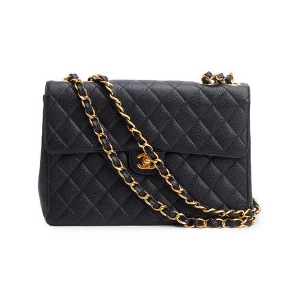 Chanel Vintage Black Caviar Square Classic Jumbo Single Flap Bag