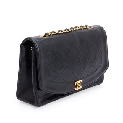 Chanel Vintage Black Lambskin Leather Medium Diana Flap Bag