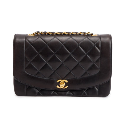 Chanel Vintage Black Lambskin Leather Medium Diana Flap Bag