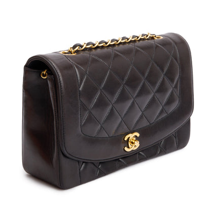 Chanel Vintage Black Lambskin Leather Medium Diana Flap Bag