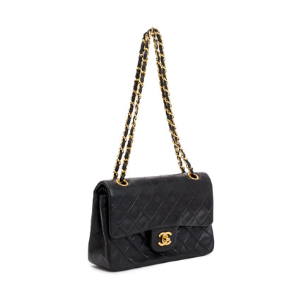 Chanel Vintage Black Lambskin Leather Small Classic Double Flap Bag