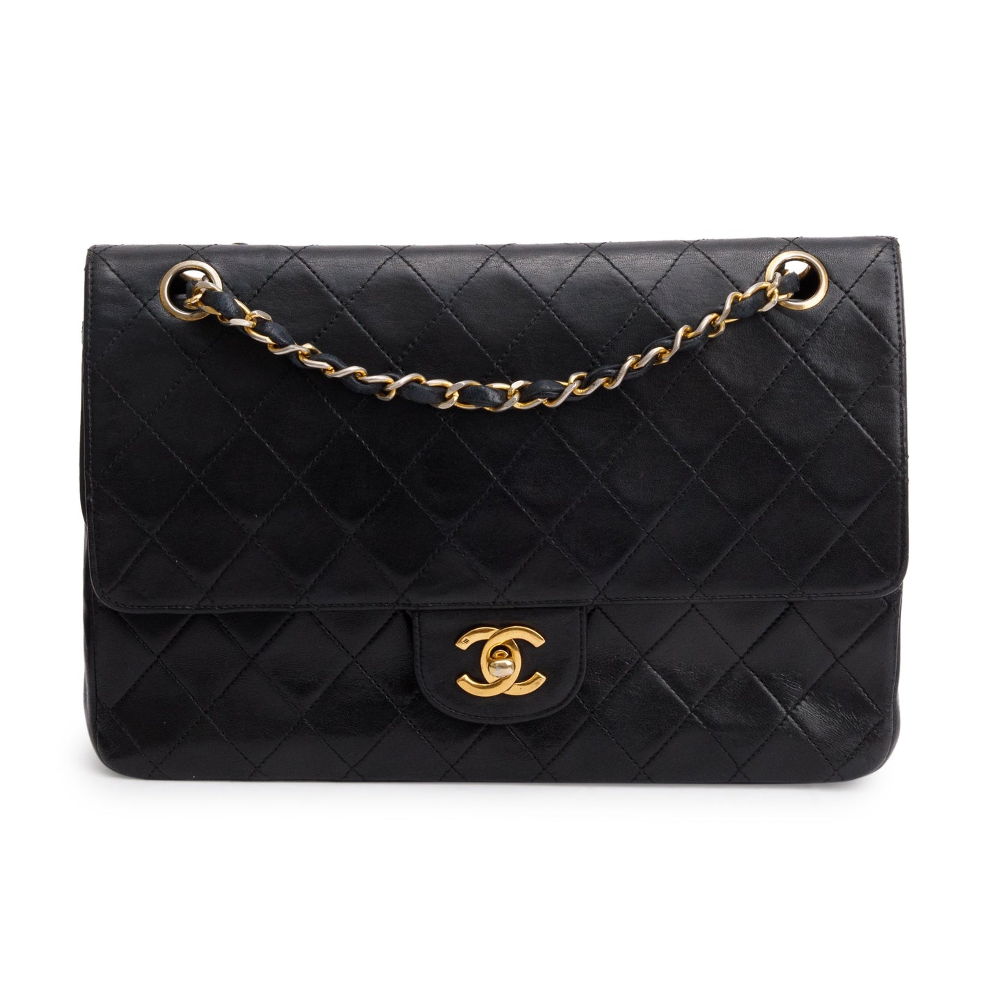 Chanel Vintage Black Lamskin Leather Medium Square Double Flap Bag