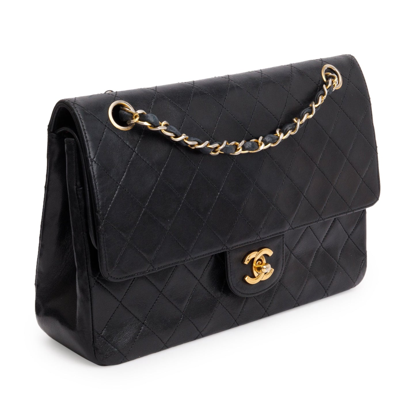 Chanel Vintage Black Lamskin Leather Medium Square Double Flap Bag