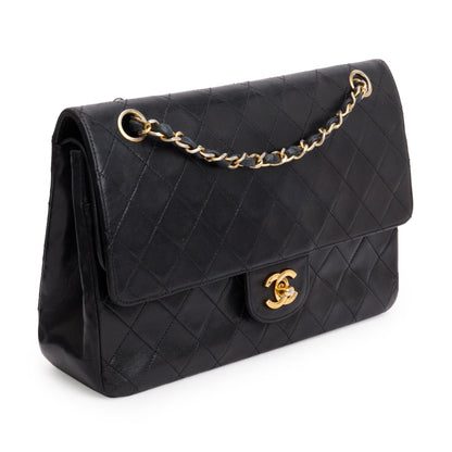 Chanel Vintage Black Lamskin Leather Medium Square Double Flap Bag