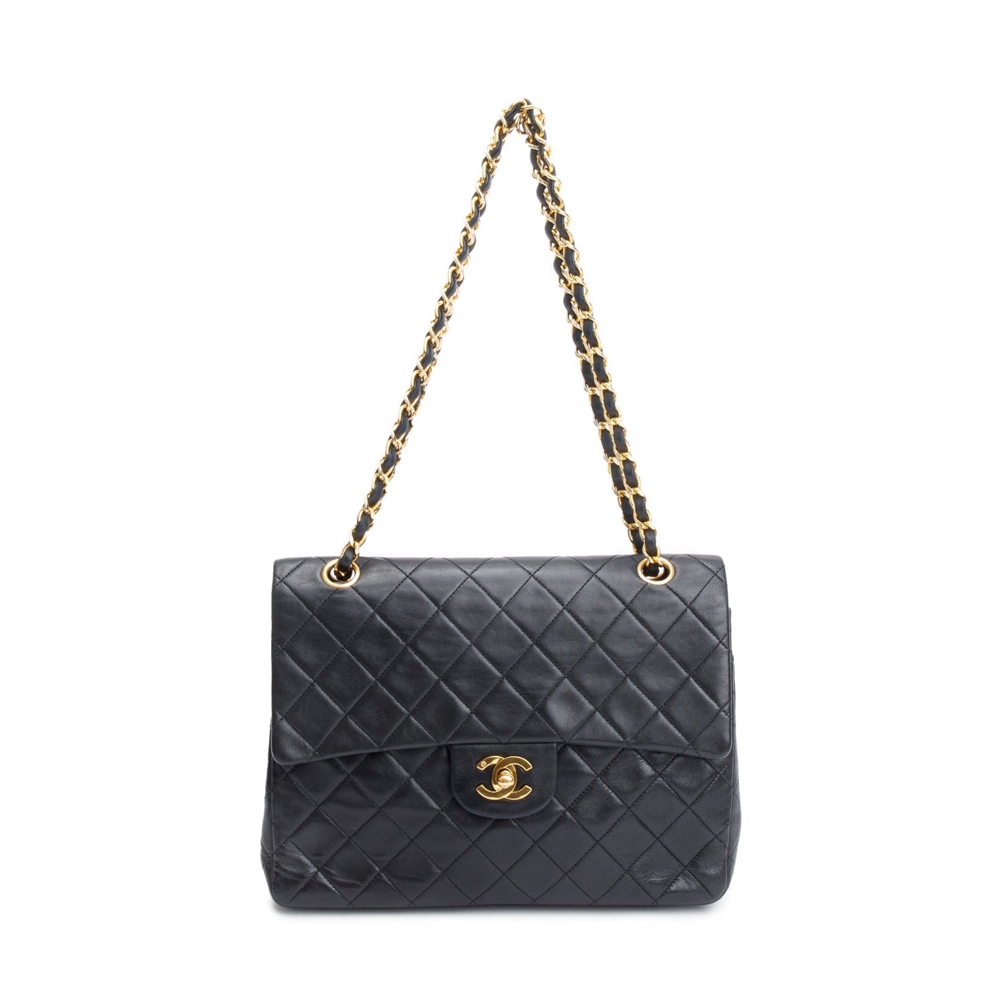 Chanel Vintage Black Lamskin Leather Medium Square Double Flap Bag
