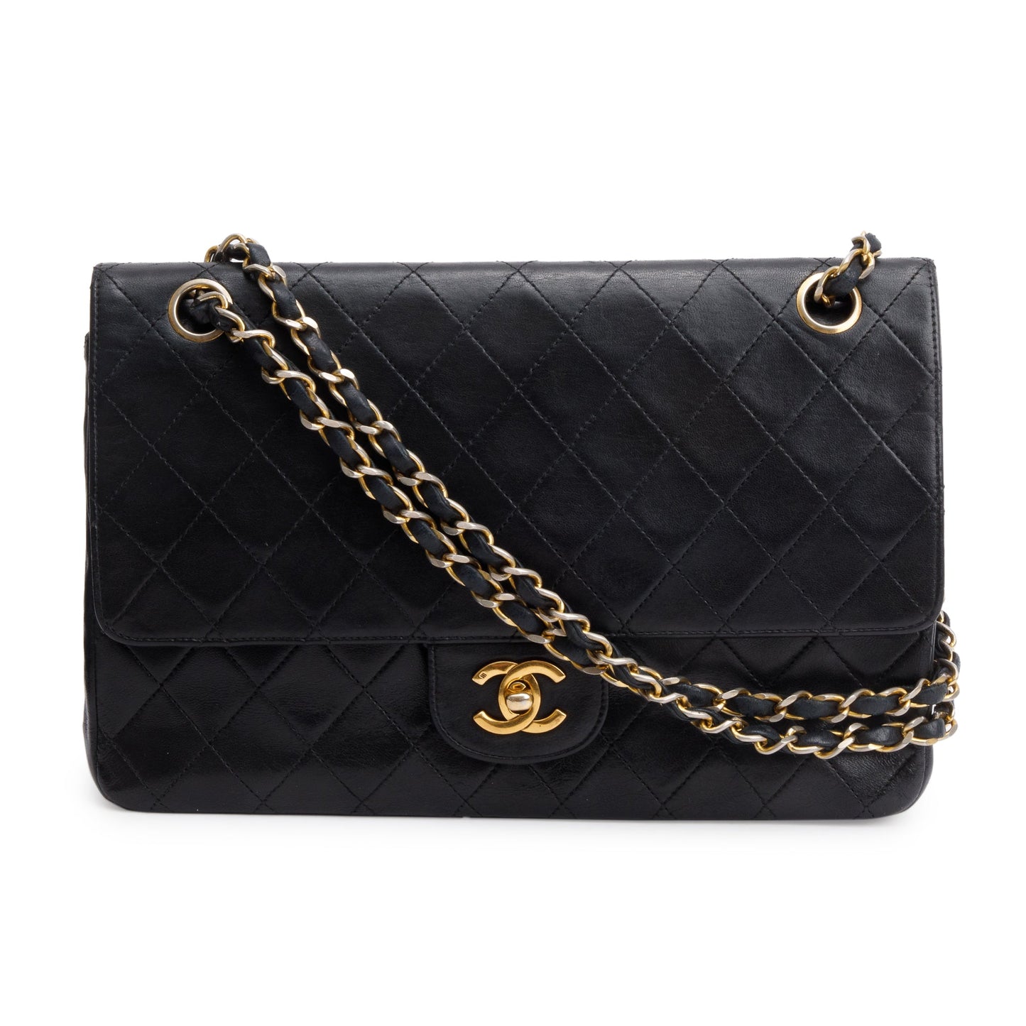 Chanel Vintage Black Lamskin Leather Medium Square Double Flap Bag