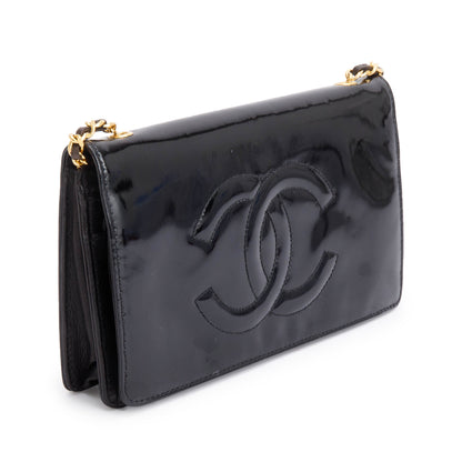 Chanel Vintage Black Patent Leather Timeless Wallet on Chain