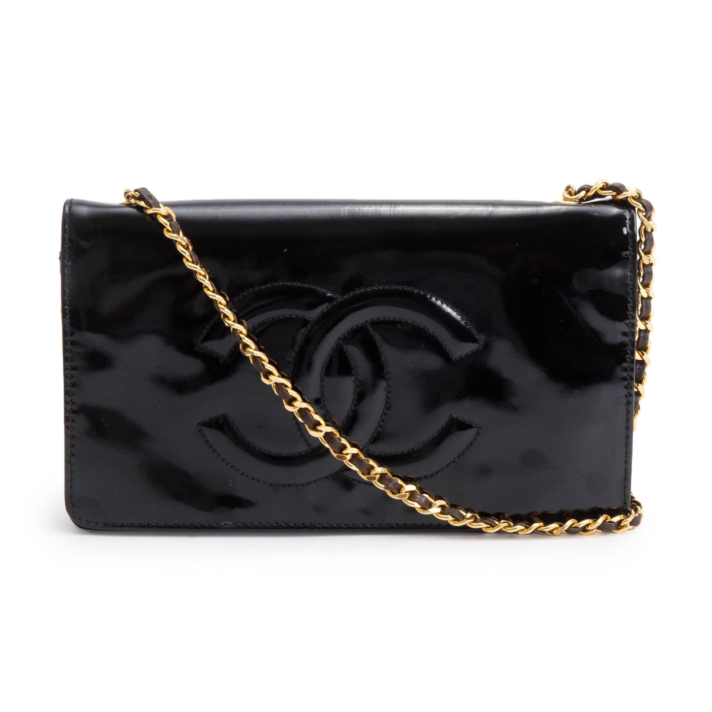 Chanel Vintage Black Patent Leather Timeless Wallet on Chain