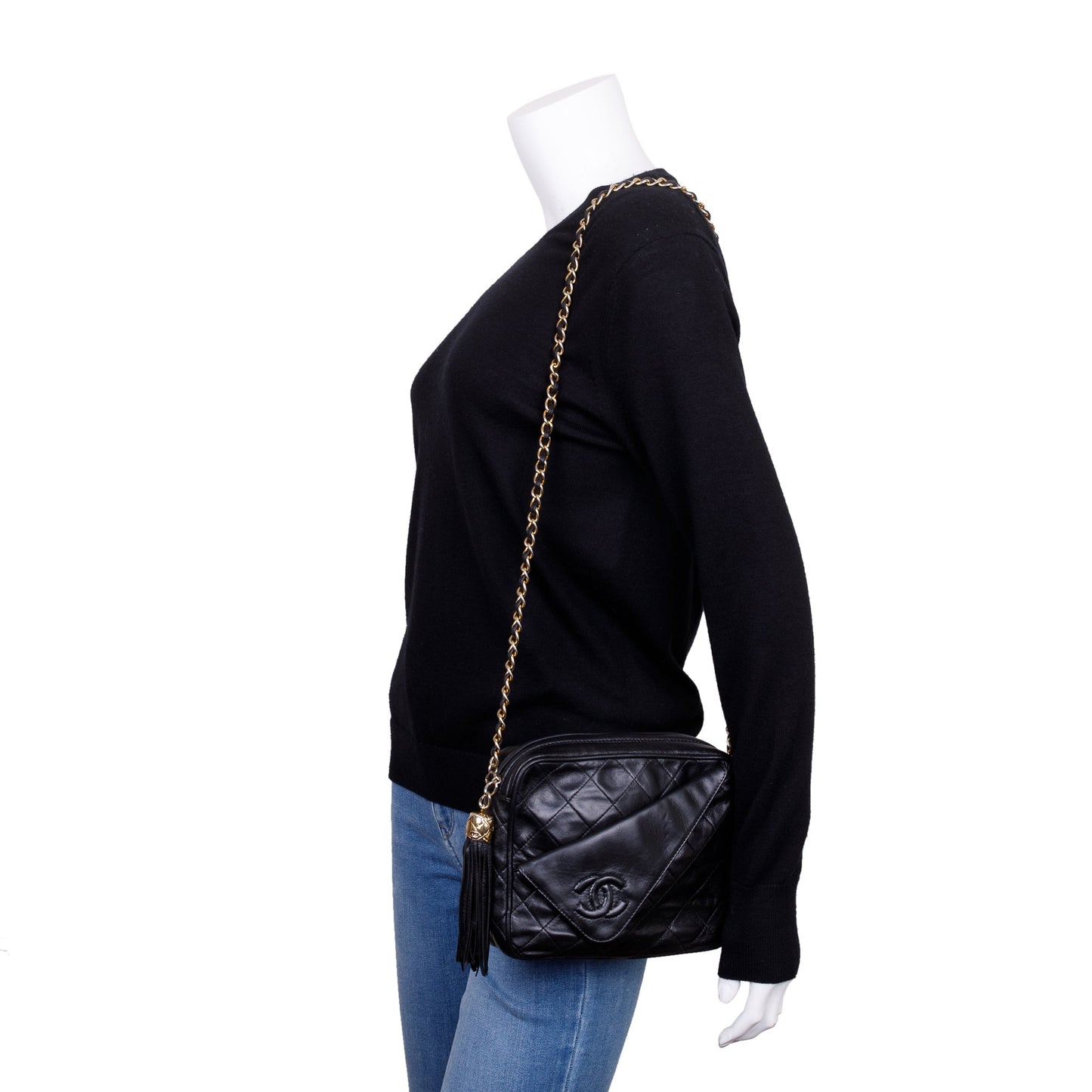 Chanel Vintage Black Quilted Calfskin Leather CC Tassel Camera Bag