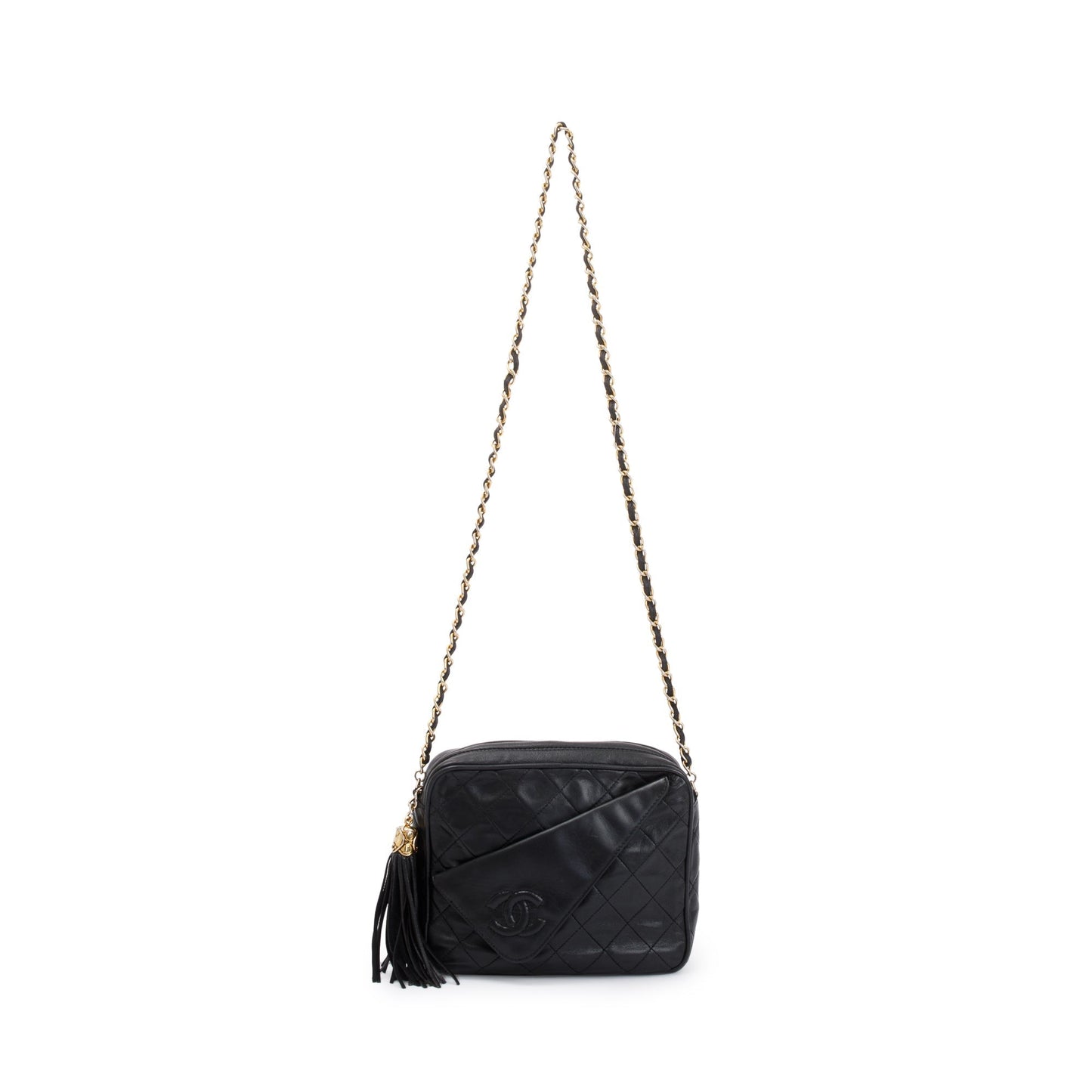 Chanel Vintage Black Quilted Calfskin Leather CC Tassel Camera Bag