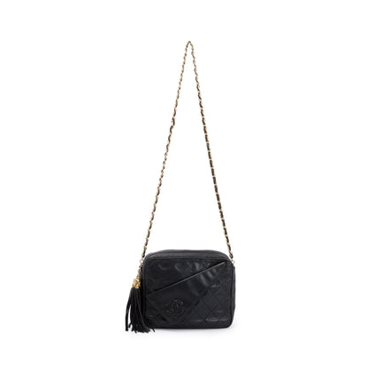 Chanel Vintage Black Quilted Calfskin Leather CC Tassel Camera Bag
