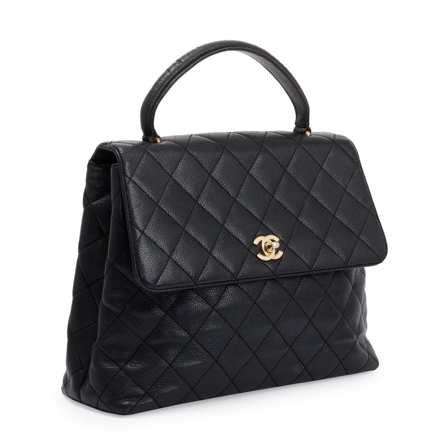 Chanel Vintage Black Quilted Caviar Leather Large Kelly Top Handle Bag