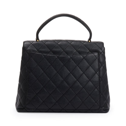 Chanel Vintage Black Quilted Caviar Leather Large Kelly Top Handle Bag