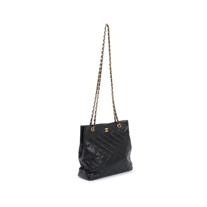 Chanel Vintage Black Quilted Lambskin Leather CC Shopping Tote