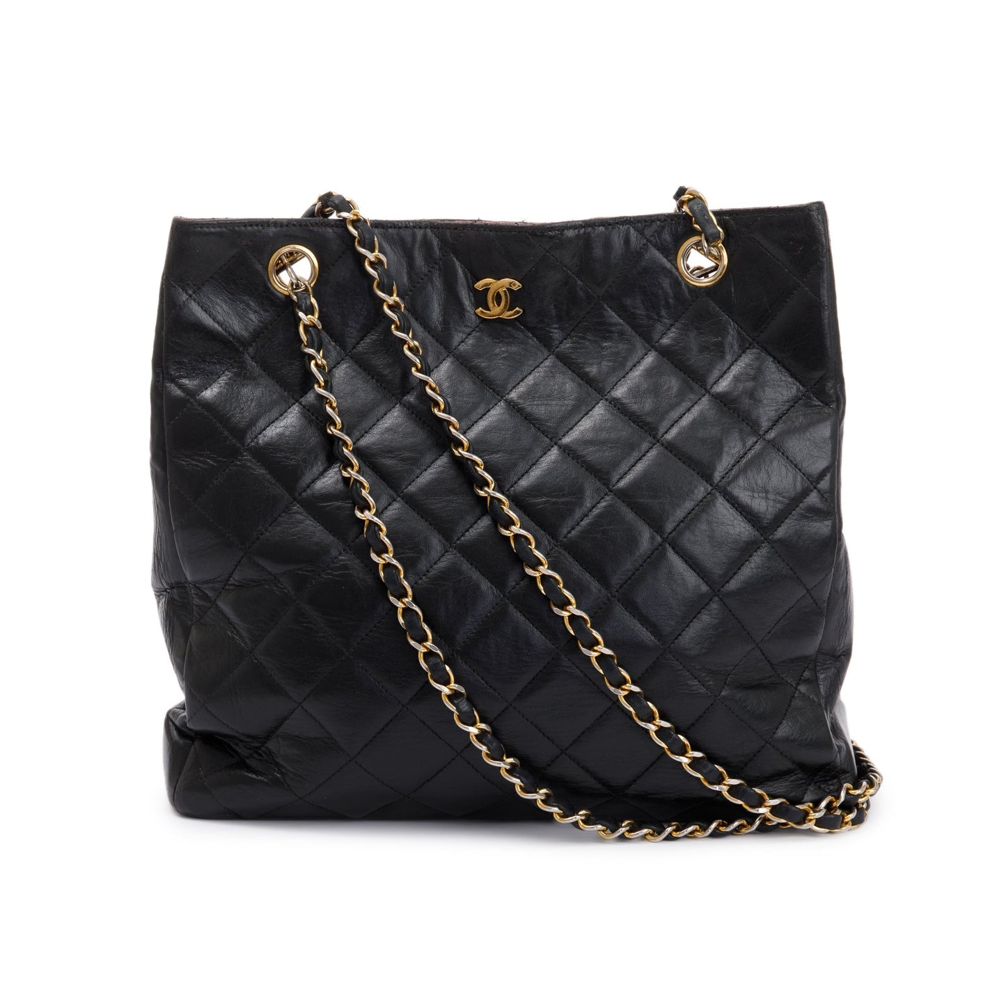 Chanel Vintage Black Quilted Lambskin Leather CC Shopping Tote