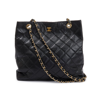 Chanel Vintage Black Quilted Lambskin Leather CC Shopping Tote
