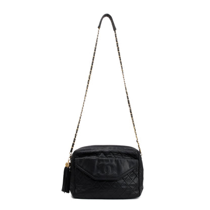 Chanel Vintage Black Quilted Lambskin Leather CC Tassel Camera Bag