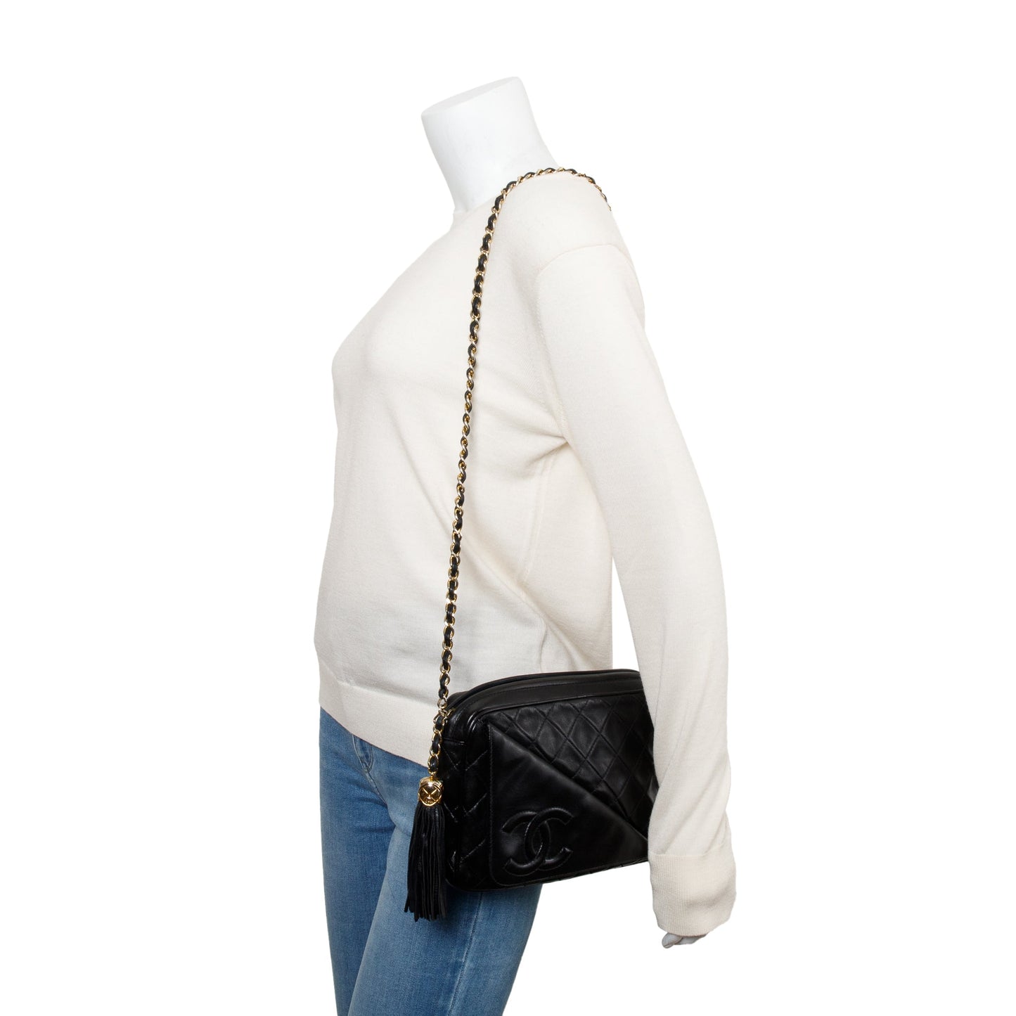 Chanel Vintage Black Quilted Lambskin Leather CC Tassel Camera Bag