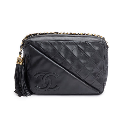 Chanel Vintage Black Quilted Lambskin Leather CC Tassel Camera Bag