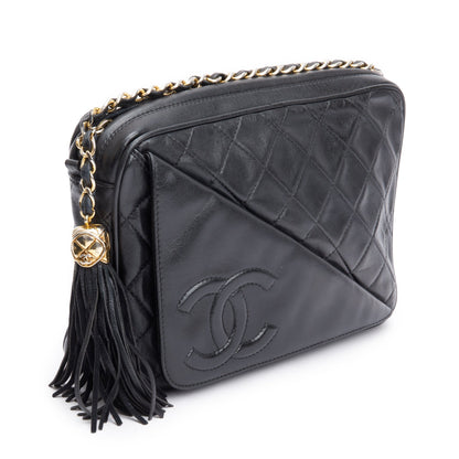 Chanel Vintage Black Quilted Lambskin Leather CC Tassel Camera Bag