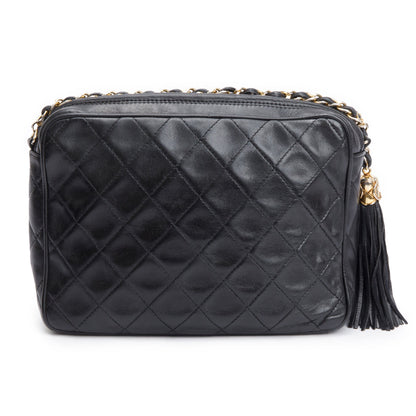 Chanel Vintage Black Quilted Lambskin Leather CC Tassel Camera Bag