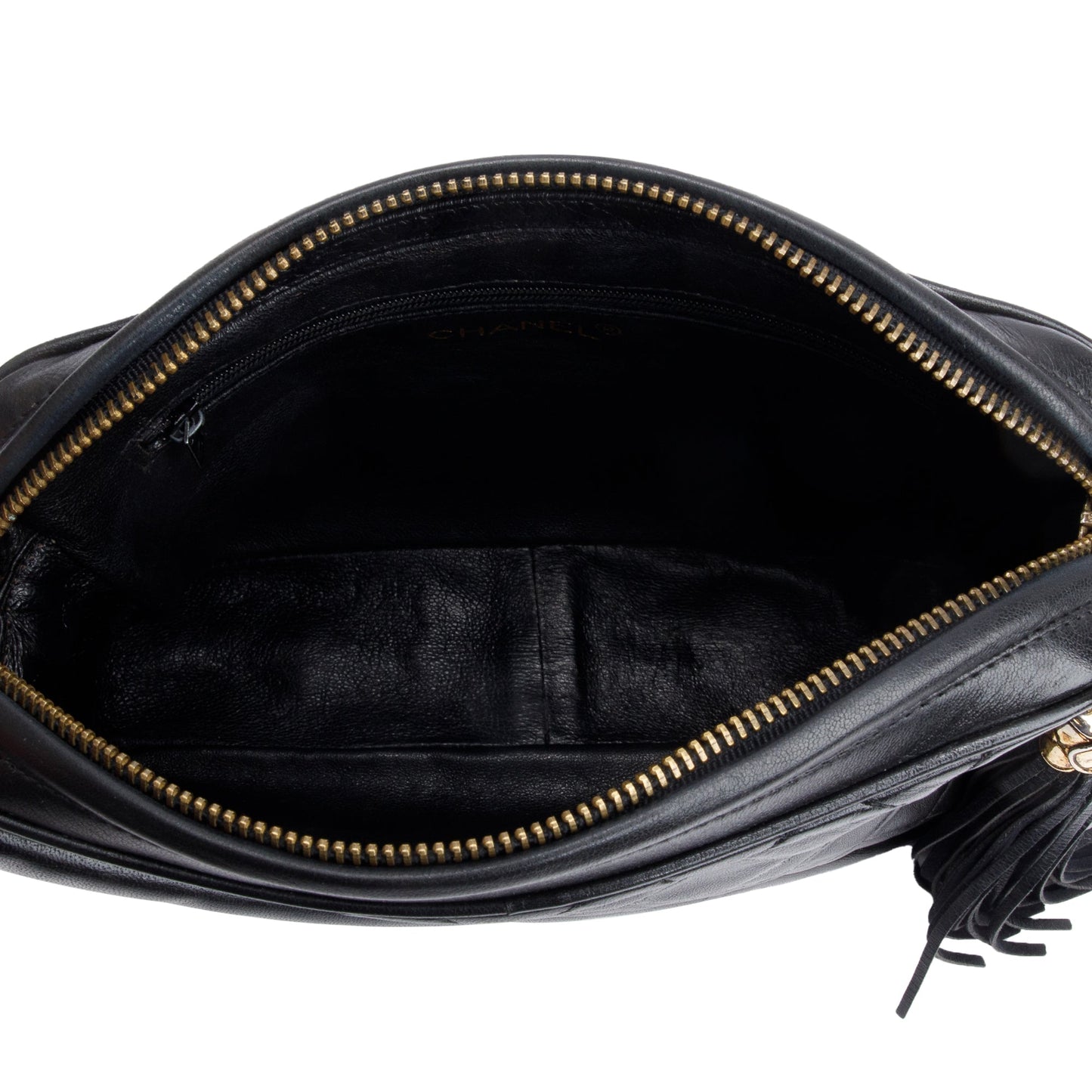 Chanel Vintage Black Quilted Lambskin Leather CC Tassel Camera Bag