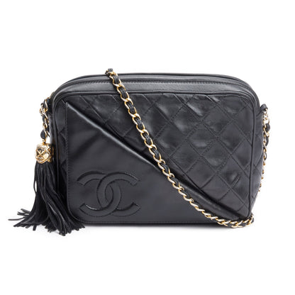 Chanel Vintage Black Quilted Lambskin Leather CC Tassel Camera Bag