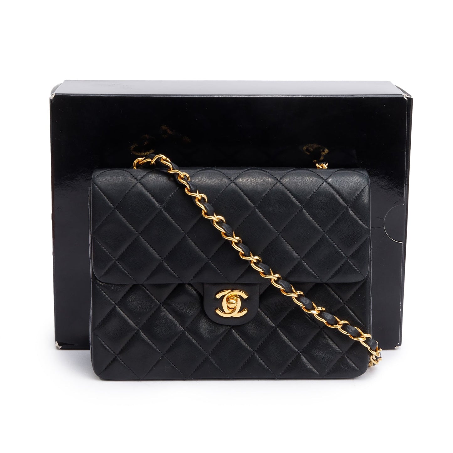Chanel Vintage Black Quilted Lambskin Leather Small Square Single Flap Bag