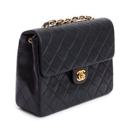 Chanel Vintage Black Quilted Lambskin Leather Small Square Single Flap Bag