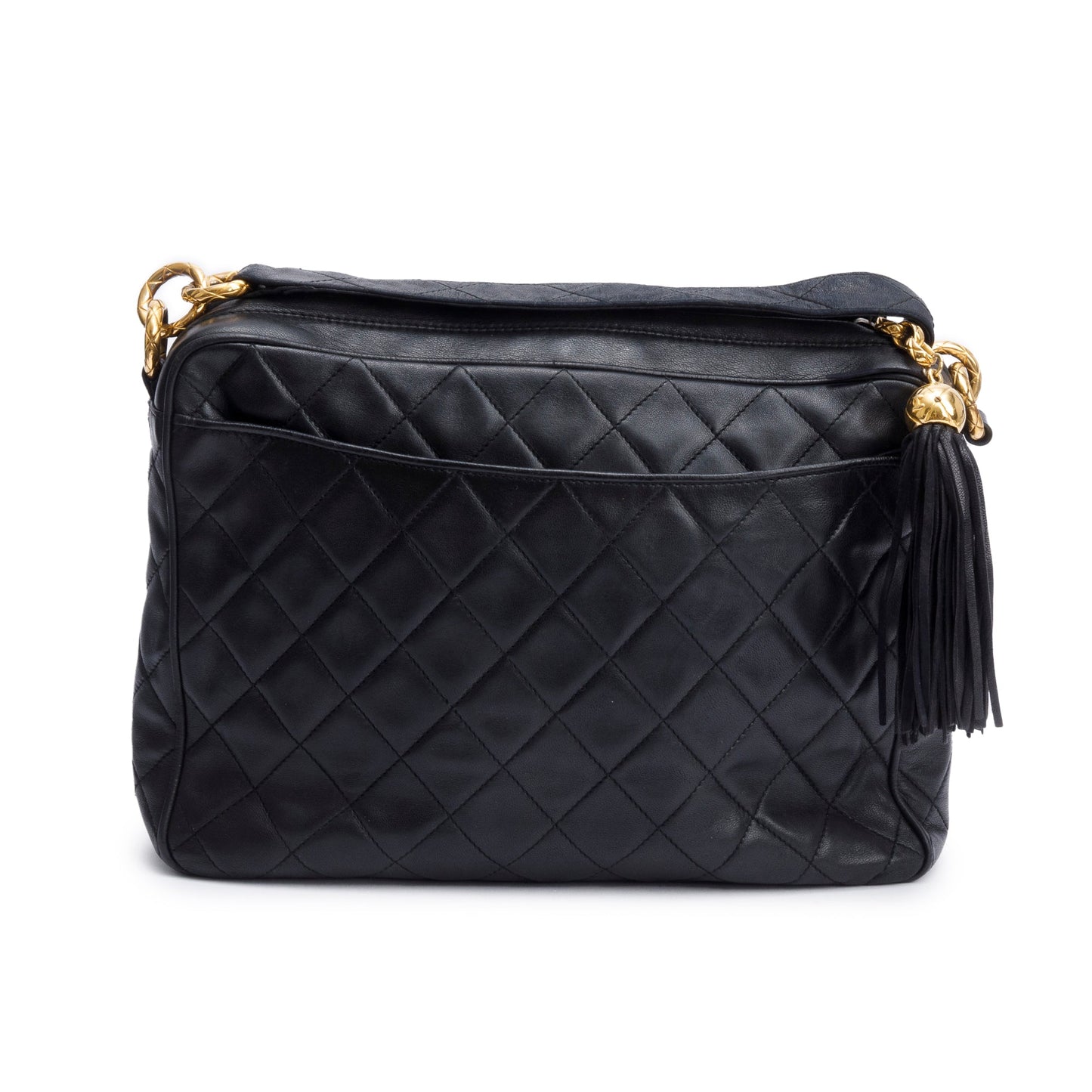Chanel Vintage Black Quilted Lambskin Leather Tassel Camera Bag