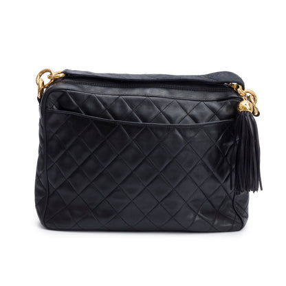 Chanel Vintage Black Quilted Lambskin Leather Tassel Camera Bag
