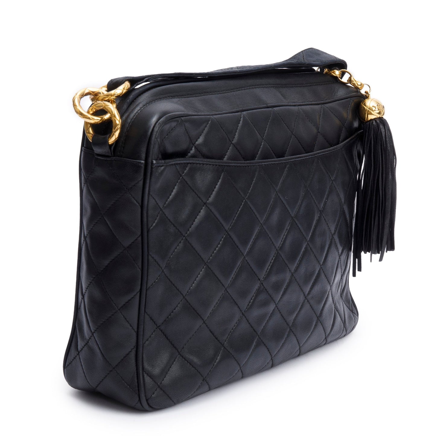 Chanel Vintage Black Quilted Lambskin Leather Tassel Camera Bag