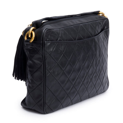 Chanel Vintage Black Quilted Lambskin Leather Tassel Camera Bag
