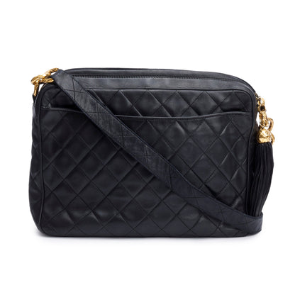 Chanel Vintage Black Quilted Lambskin Leather Tassel Camera Bag