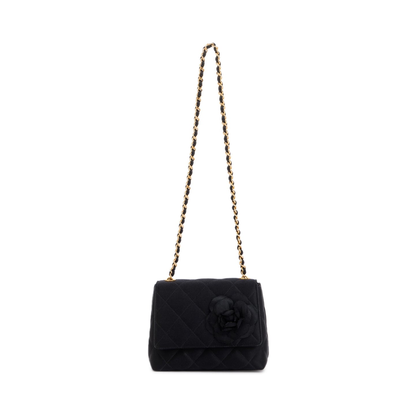 Chanel Vintage Black Quilted Satin Mini Camellia Flap Bag