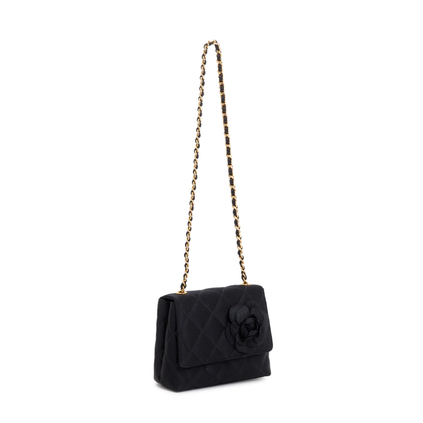 Chanel Vintage Black Quilted Satin Mini Camellia Flap Bag