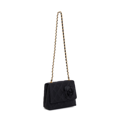 Chanel Vintage Black Quilted Satin Mini Camellia Flap Bag