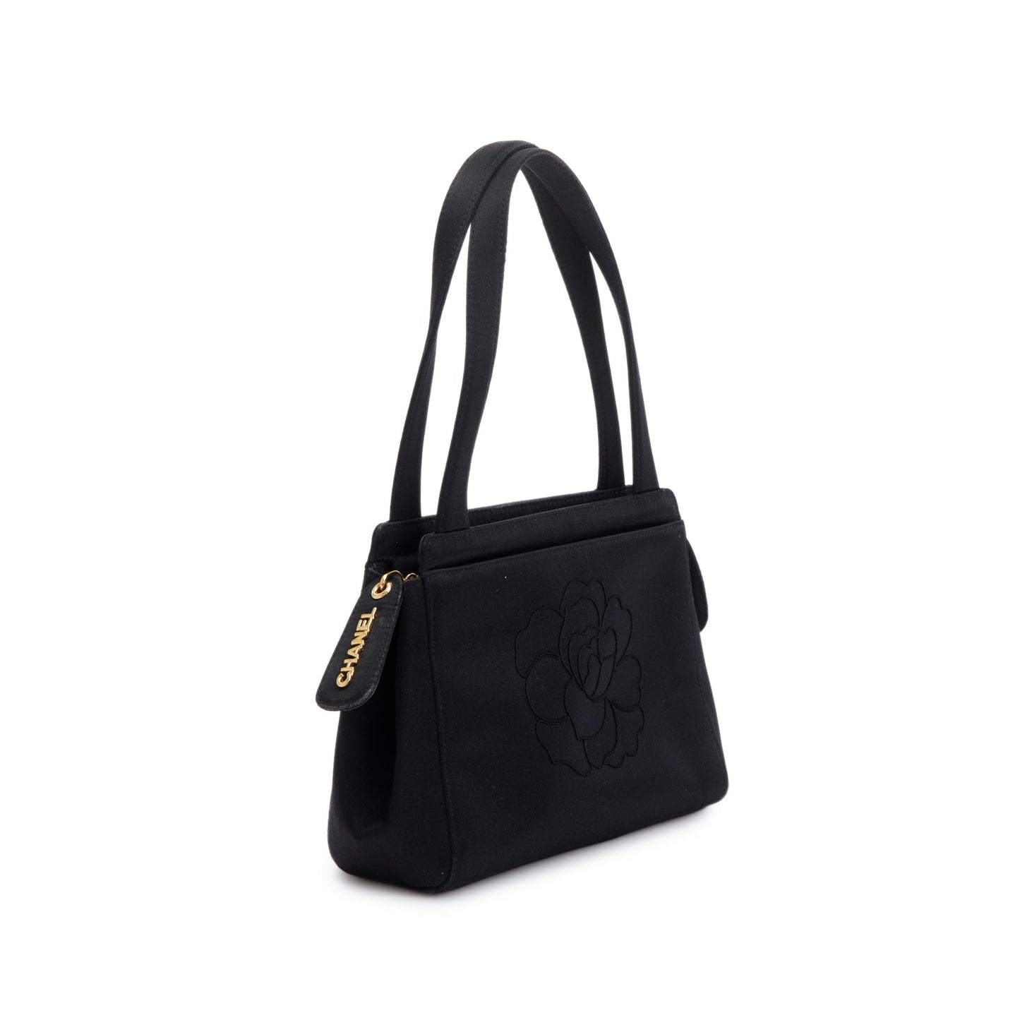 Chanel Vintage Black Satin Camelia Top Handle Bag