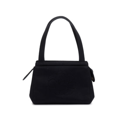 Chanel Vintage Black Satin Camelia Top Handle Bag