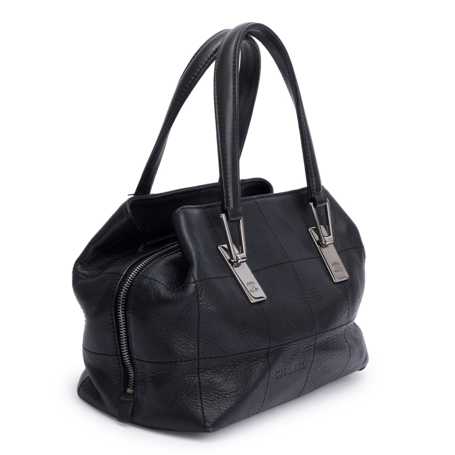 Chanel Vintage Black Square Quilted Leather CC Logo Boston Bag