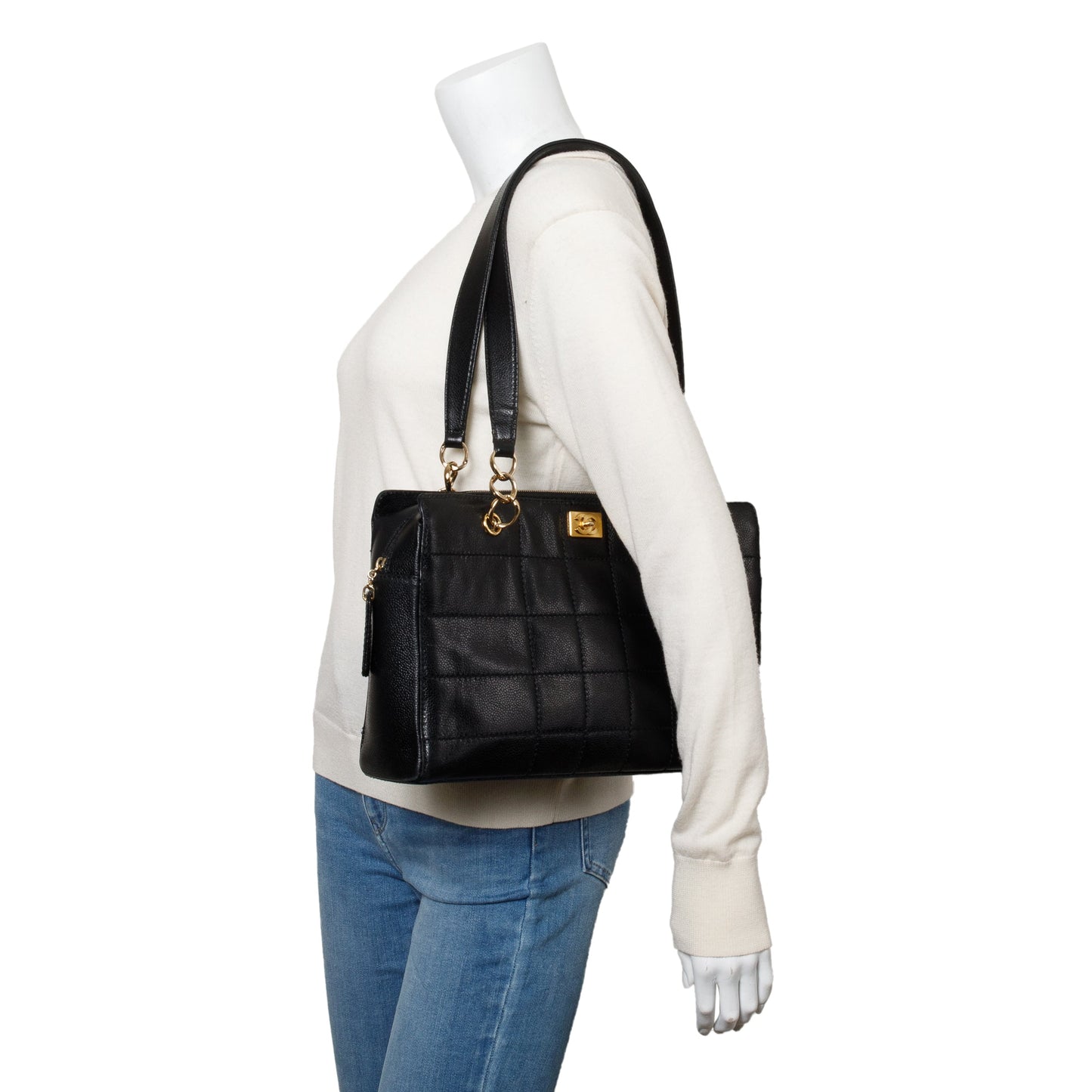 Chanel Vintage Black Stitched Chocolate Bar Quilted Caviar Leather  Zip Tote