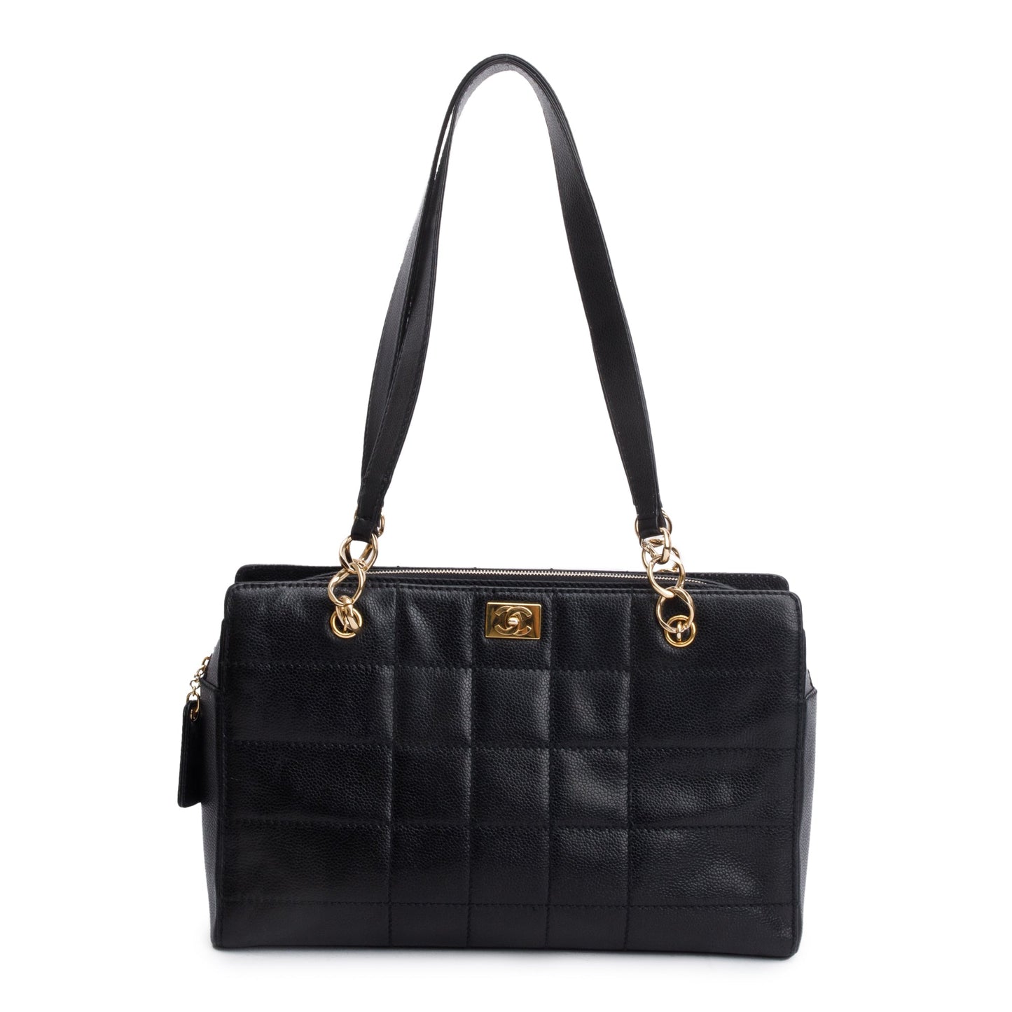 Chanel Vintage Black Stitched Chocolate Bar Quilted Caviar Leather  Zip Tote
