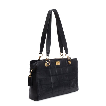 Chanel Vintage Black Stitched Chocolate Bar Quilted Caviar Leather  Zip Tote