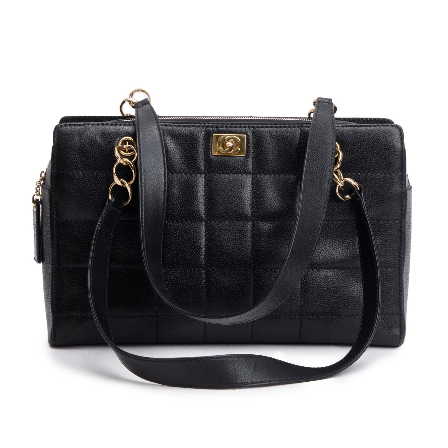 Chanel Vintage Black Stitched Chocolate Bar Quilted Caviar Leather  Zip Tote