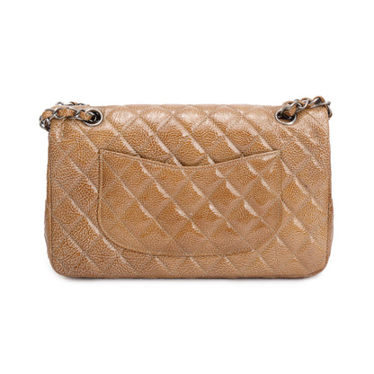 Chanel Vintage Brown Crinkled Patent Leather Classic Medium Double Flap Bag