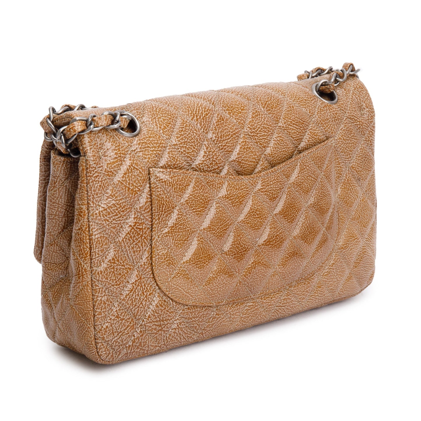 Chanel Vintage Brown Crinkled Patent Leather Classic Medium Double Flap Bag