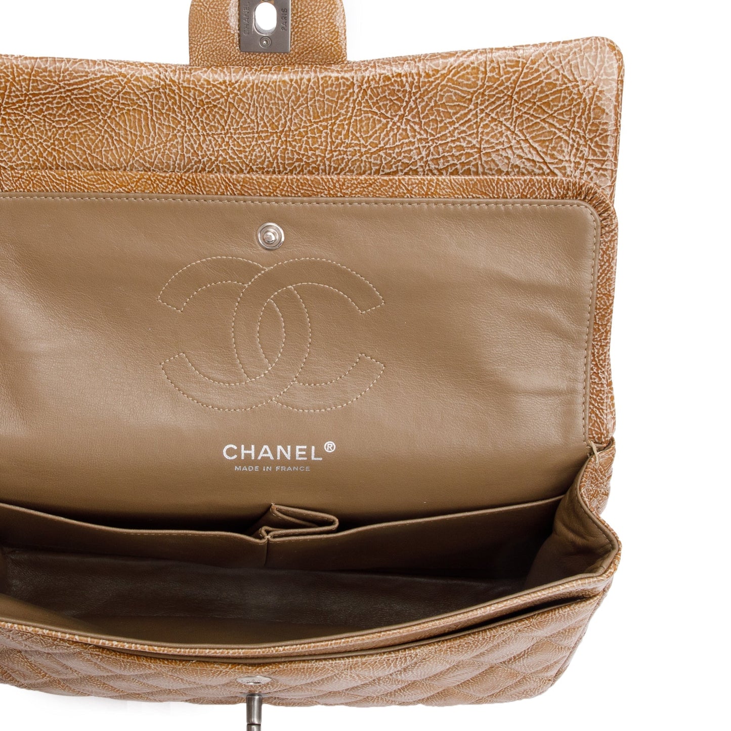 Chanel Vintage Brown Crinkled Patent Leather Classic Medium Double Flap Bag