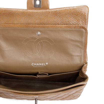 Chanel Vintage Brown Crinkled Patent Leather Classic Medium Double Flap Bag