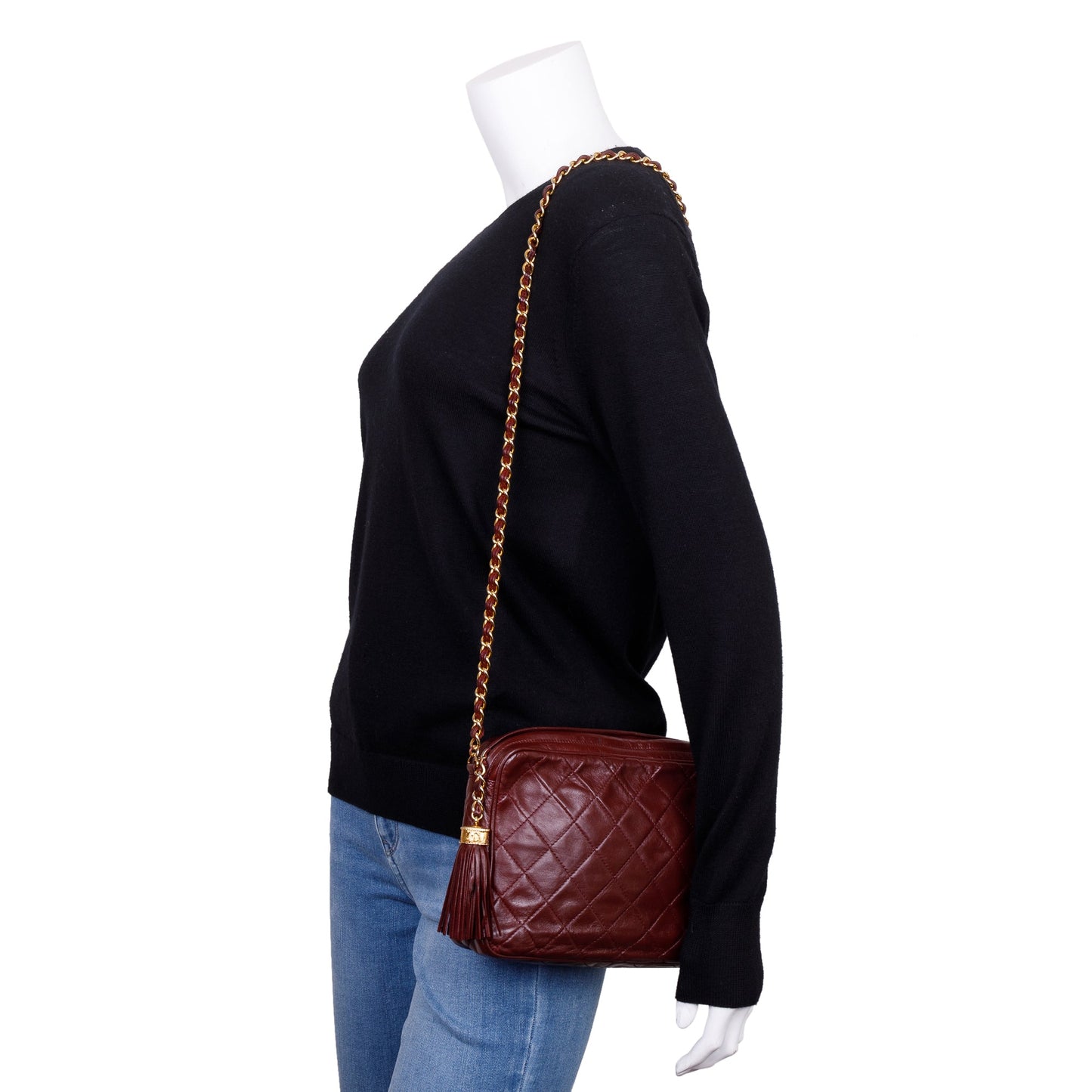 Chanel Vintage Burgundy Quilted Calfskin Leather Tassel Camera Bag