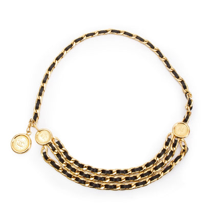Chanel Vintage Chain-Link & Leather Interlocking CC Logo Waist Belt